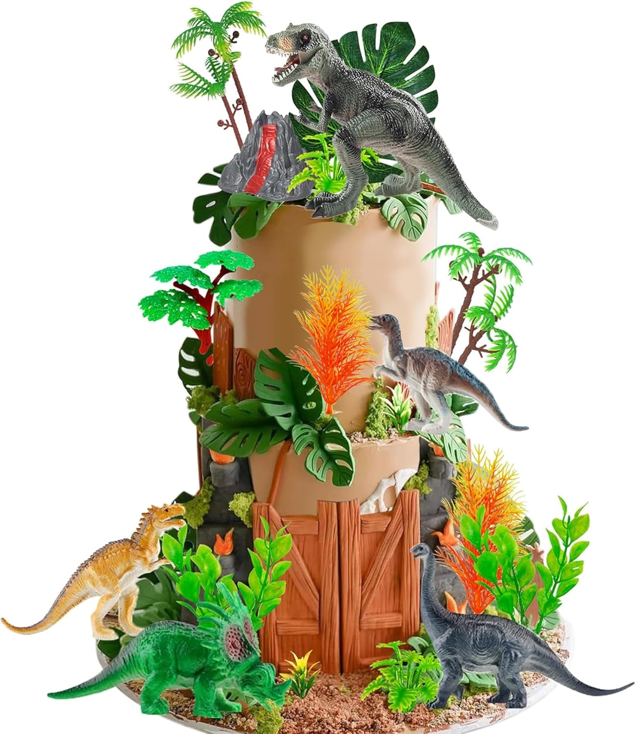 18 Dinosaur Cake Toppers With Eggs, Leaves, Trees - Dinosaur Themed Cake Decorations